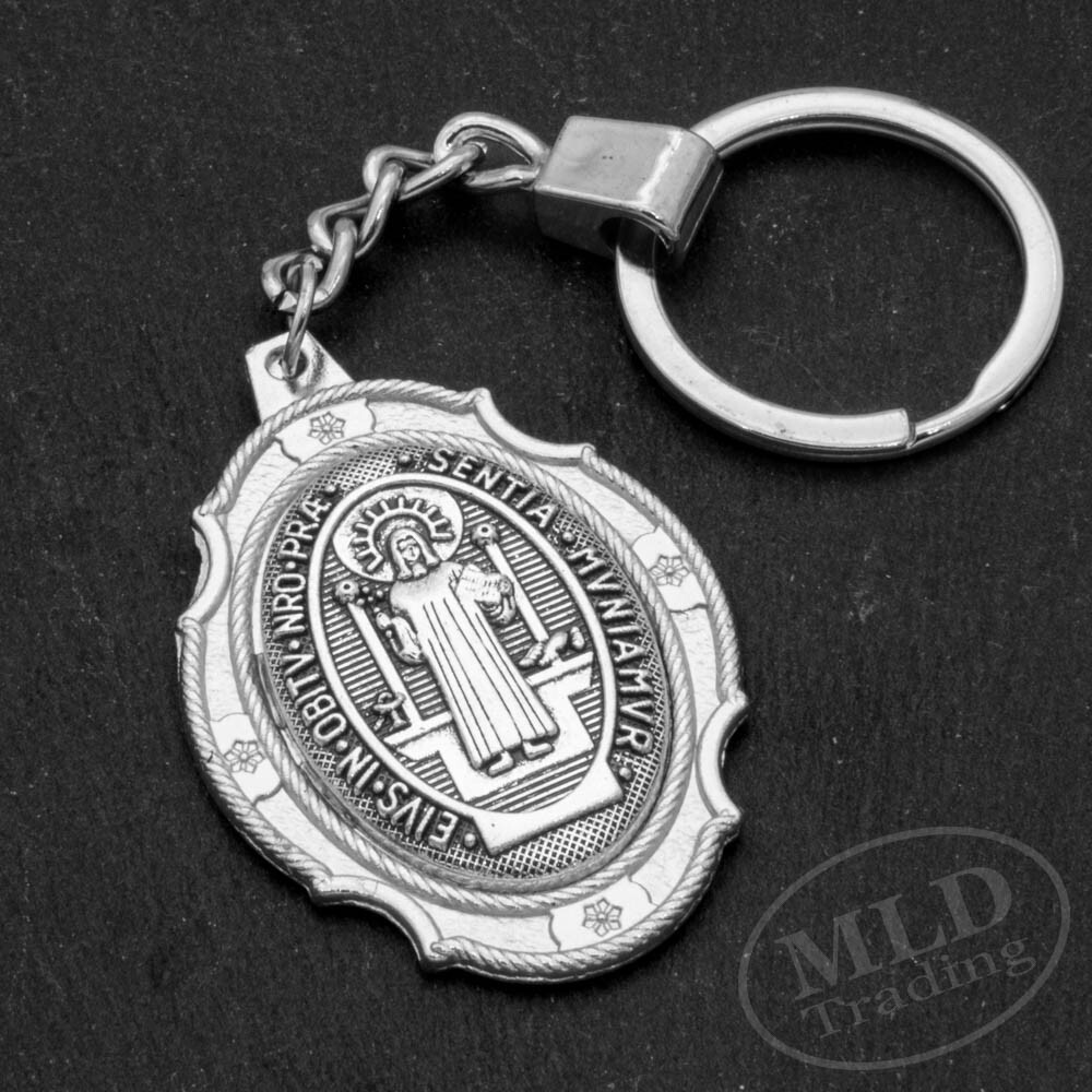 St Benedict Medal Keychain Large Silver Pendant Zinc Alloy Religious Key Ring