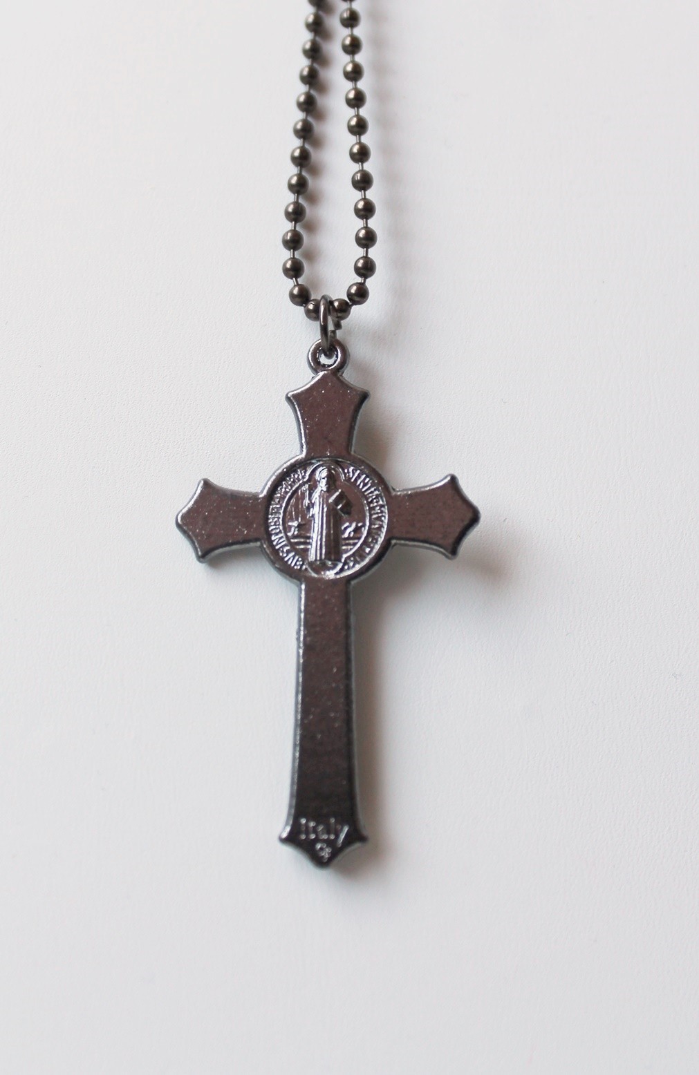 Gun Metal St Benedict Italian Crucifix Pendant w 30″ Gunmetal Beaded Ball Chain