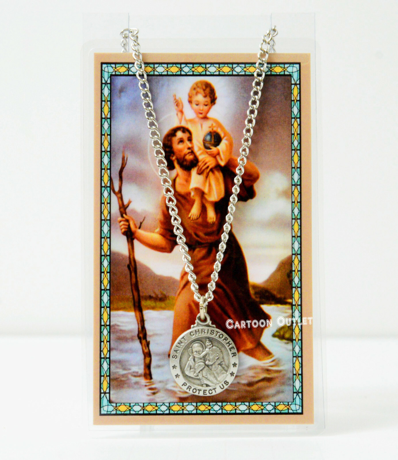 St. Christopher Medal Necklace w/ Laminated Prayer Card Protection San Cristobal