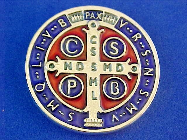 Rare St BENEDICT Pocket Token Protection 1-1/8″ Saint Medal ENAMEL Red Blue