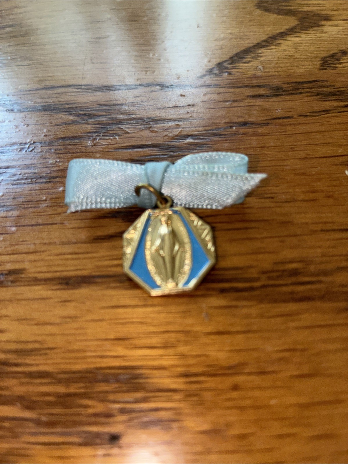 Gold/Tone & Blue enamel MARY Octagonal shaped Medal- Stamped ITALY