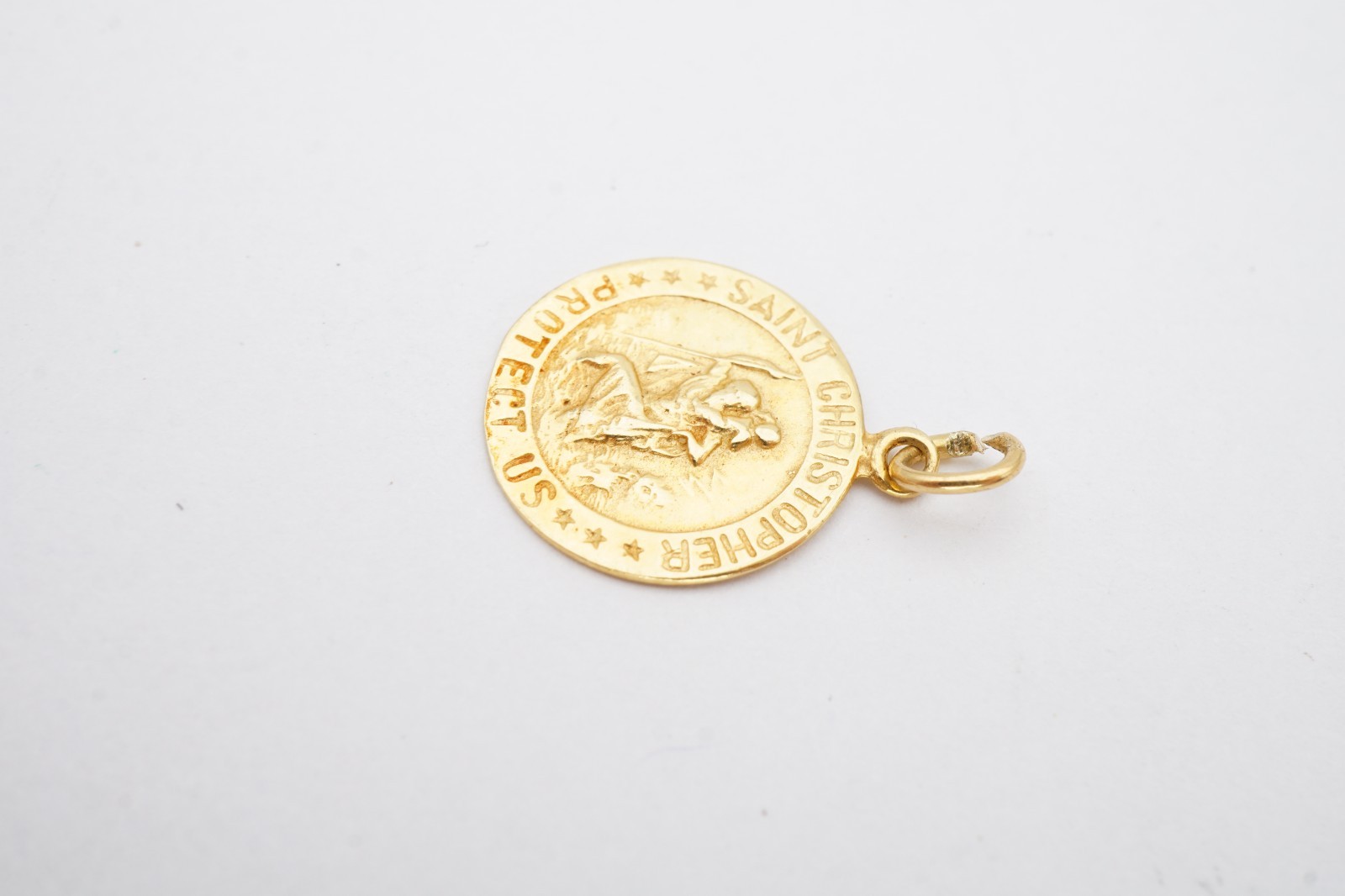 Vintage 14k Yellow Gold Saint Christopher Protect Us Religious Medal