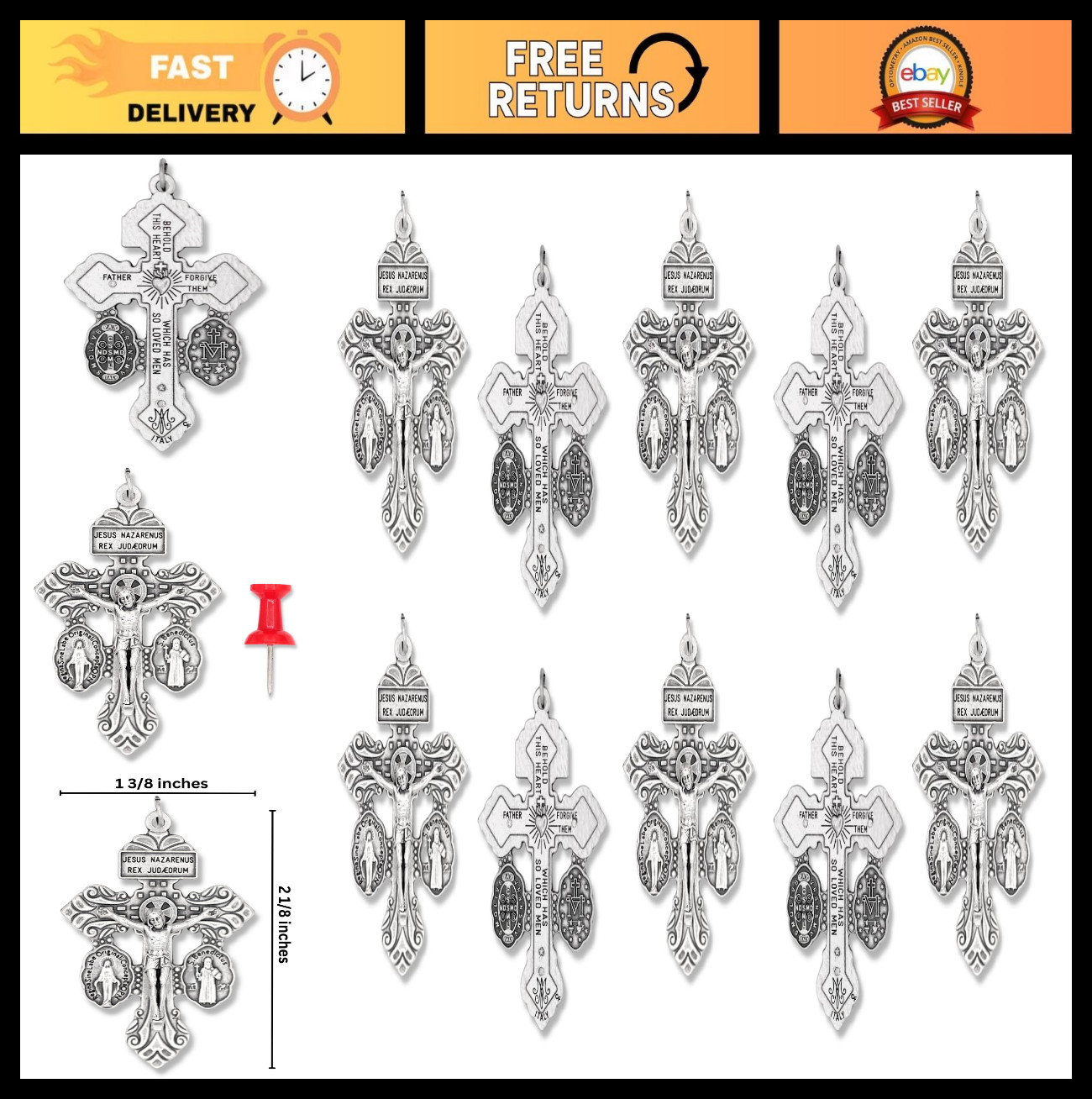Pack of 10 Crucifix with St. Benedict & Marian Medals – Triple Threat Cross, 2 1