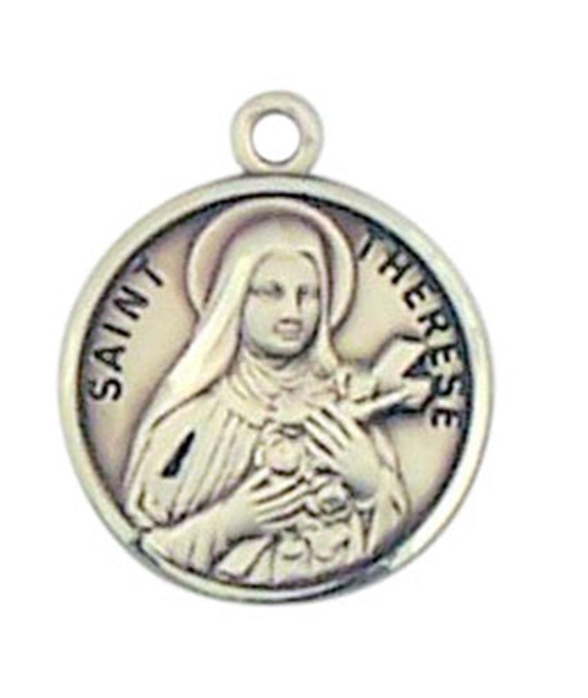 Patron Saint St Therese 7/8 Inch Sterling Silver Medal on Rhodium Plated Chain