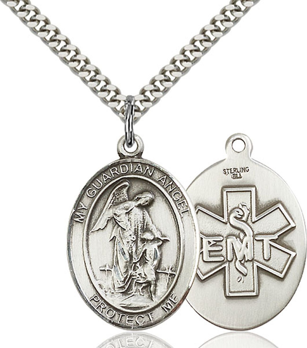 EMT Sterling Silver Guardian Angel Protect Me Medal Pendant Necklace W/ Chain