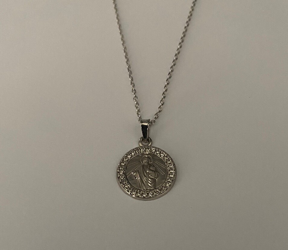 14K White Gold Lab-Grown White Sapphires St. Jude Medal Necklace