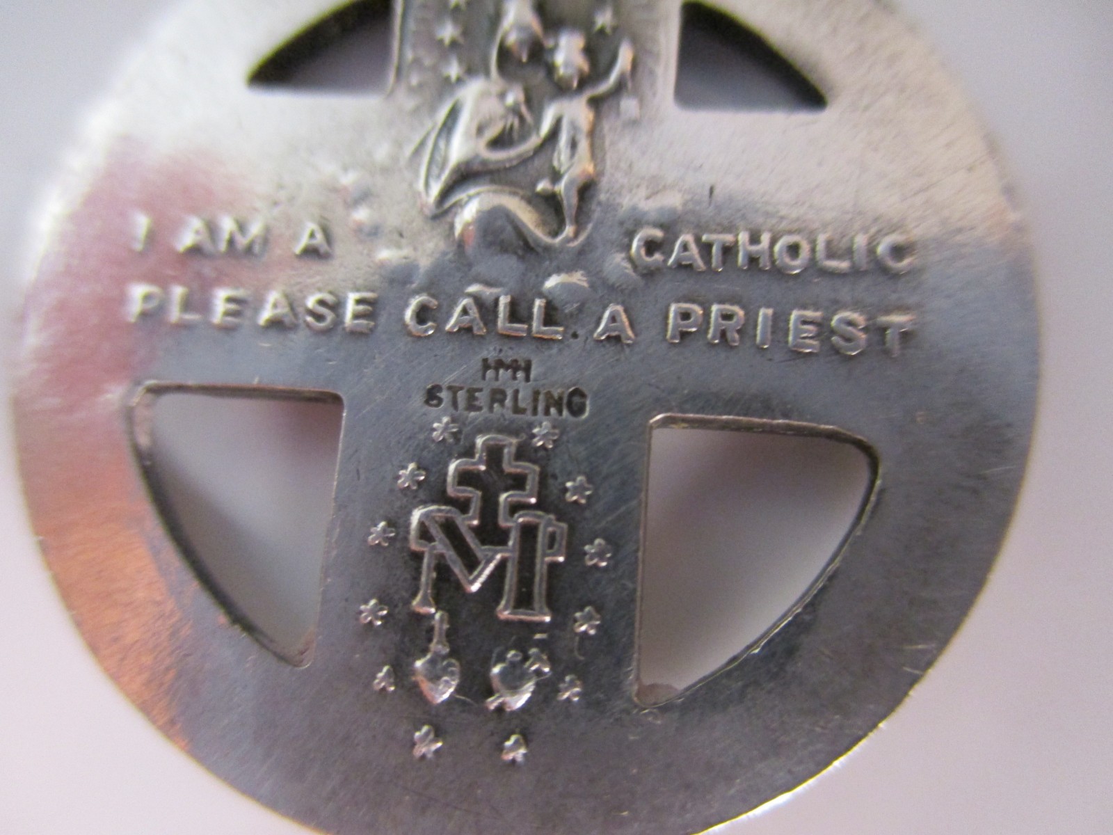 Old Sterling Medal Jesus/Mary/Joseph Pendant I am Catholic Please Call A Priest