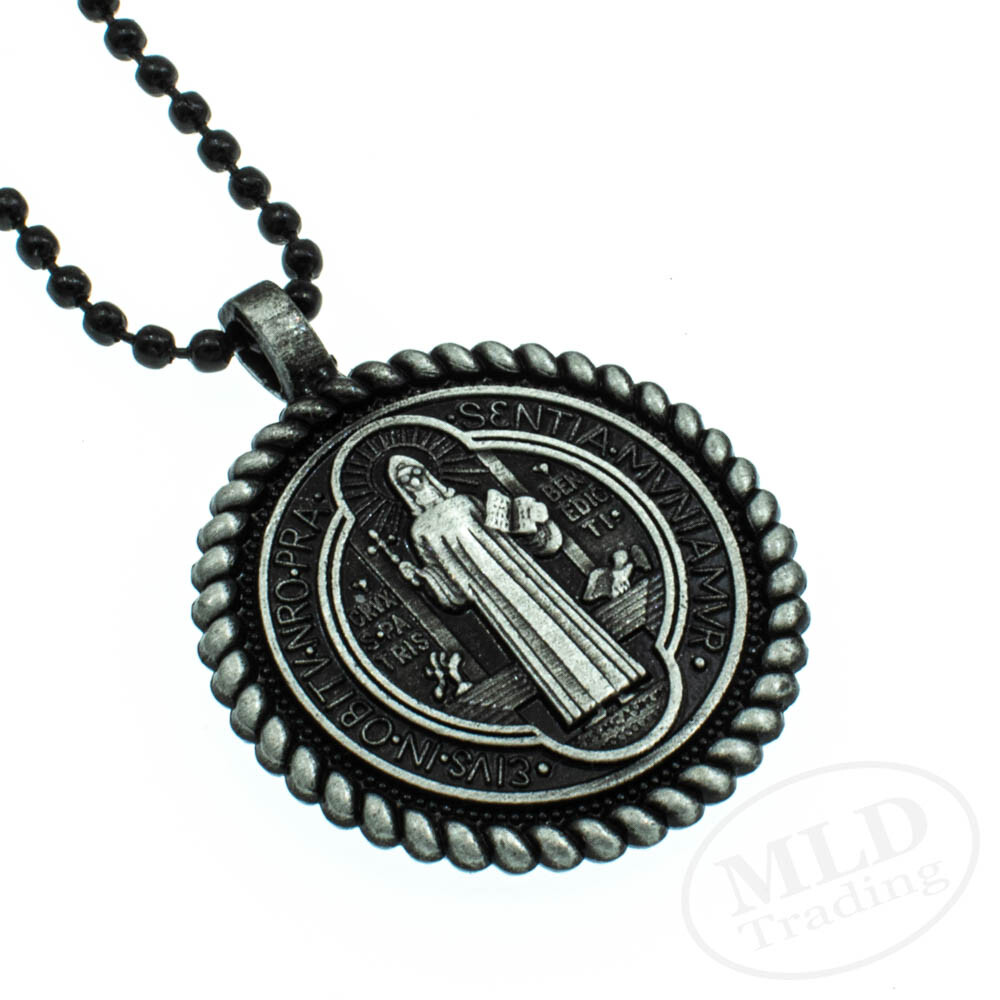 Knot Border Saint St Benedict Medal Pendant Necklace 24″ Ball Chain Black