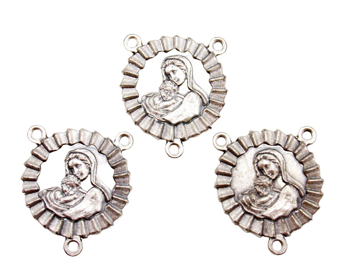 Silver Tone Lot of 3 Madonna and Child Ribbon Medal Rosary Centerpiece 1.25 In