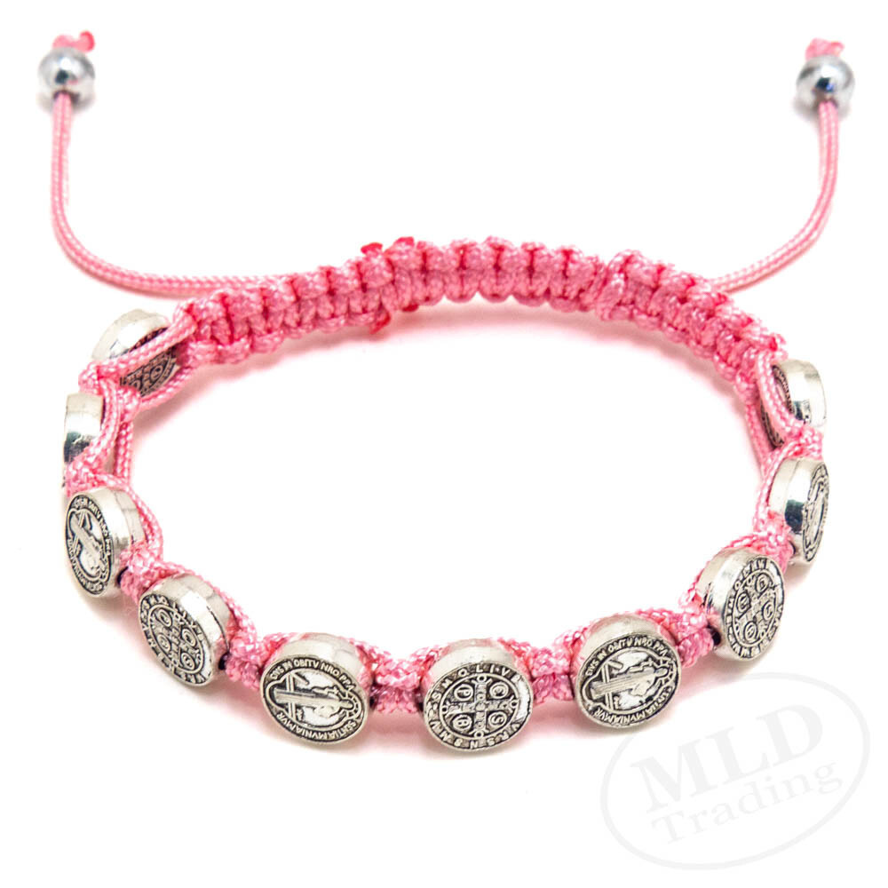 Pink Macrame Saint St Benedict Medal Cord Bracelet – Adjustable, 10 Medals