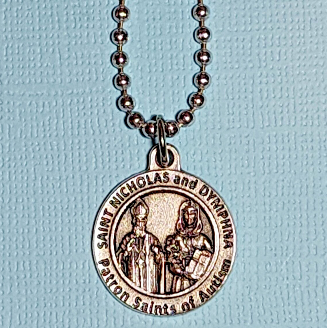 St. Dymphna & St. Nicholas Medal – Patron Saints of Autism On A Ball Chain 26″
