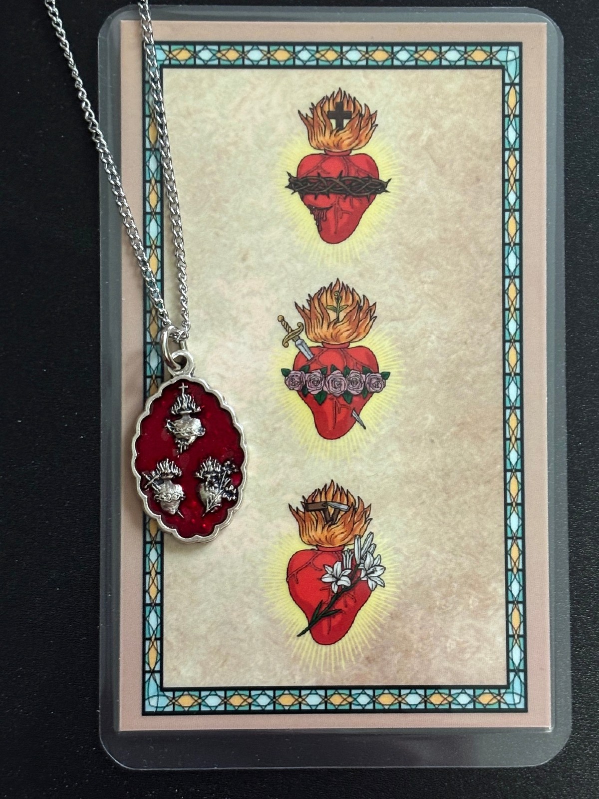 Sacred Hearts Jesus Mary Joseph Red Enamel & Pewter Medal Necklace w Prayer Card