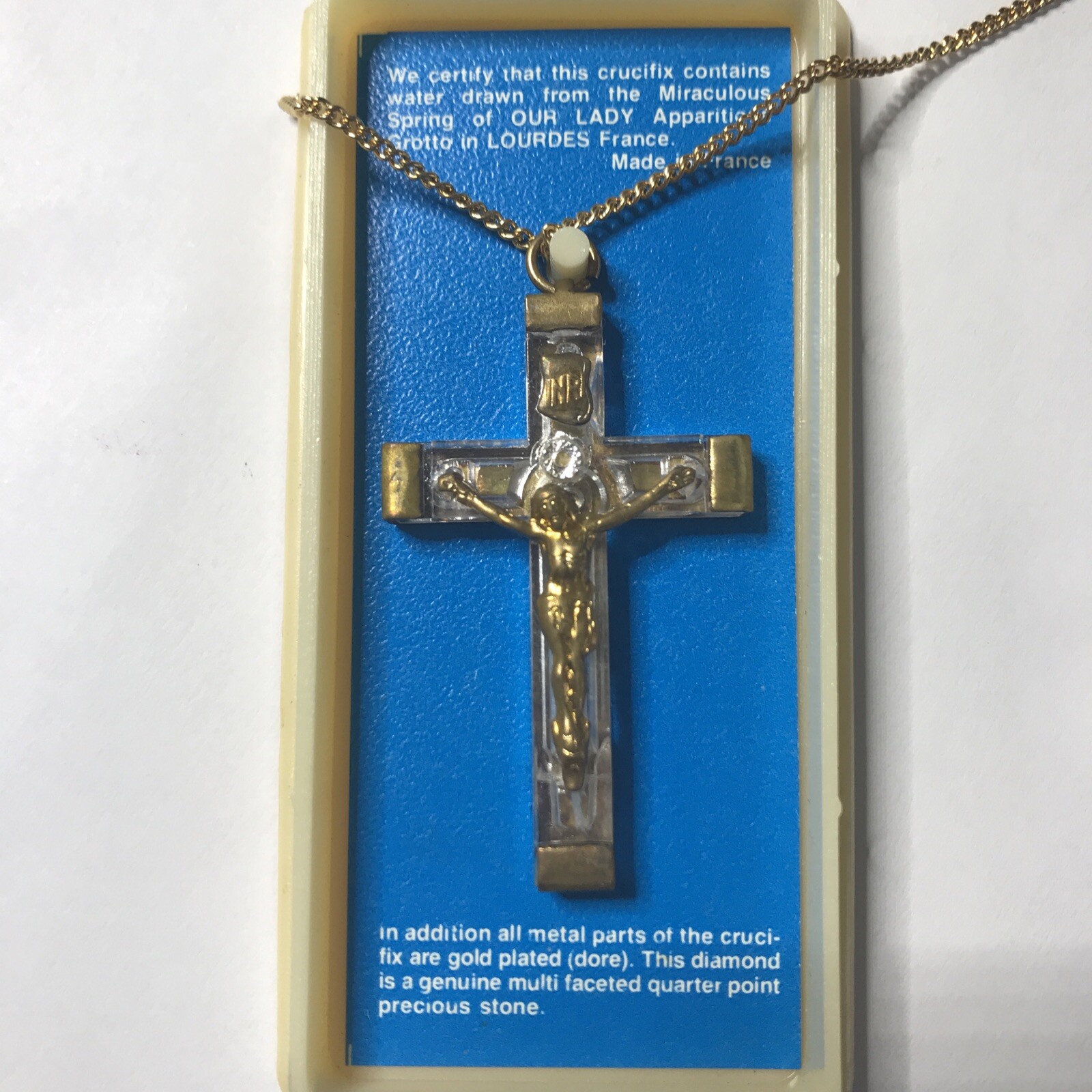 Vtg Lourdes France Cross Lucite Gold Plated Crucifix Holy Pendant Necklace NOS