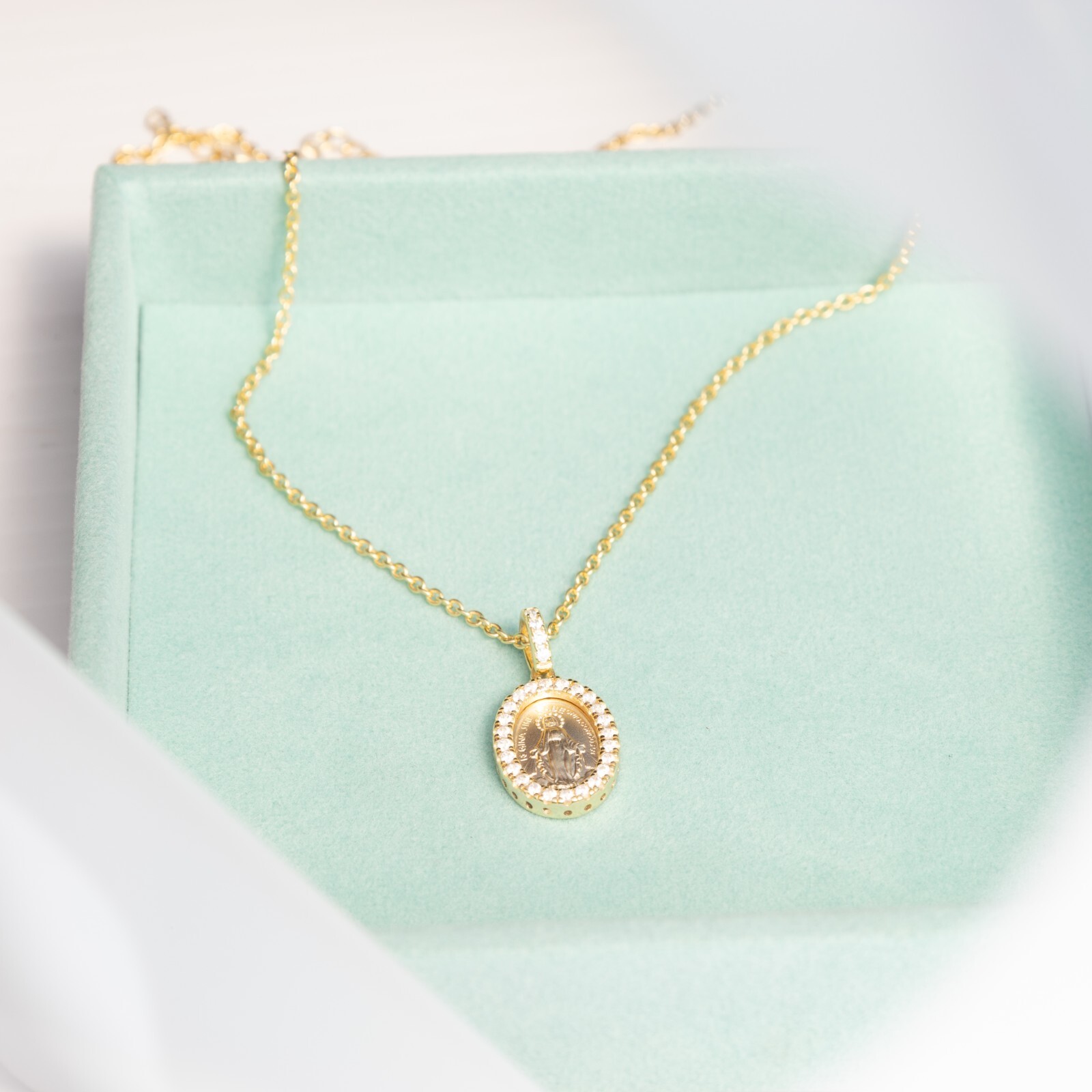 Miraculous Medal Pendent Necklace 18k Gold plated Silver CZ Virgin Mother Mary