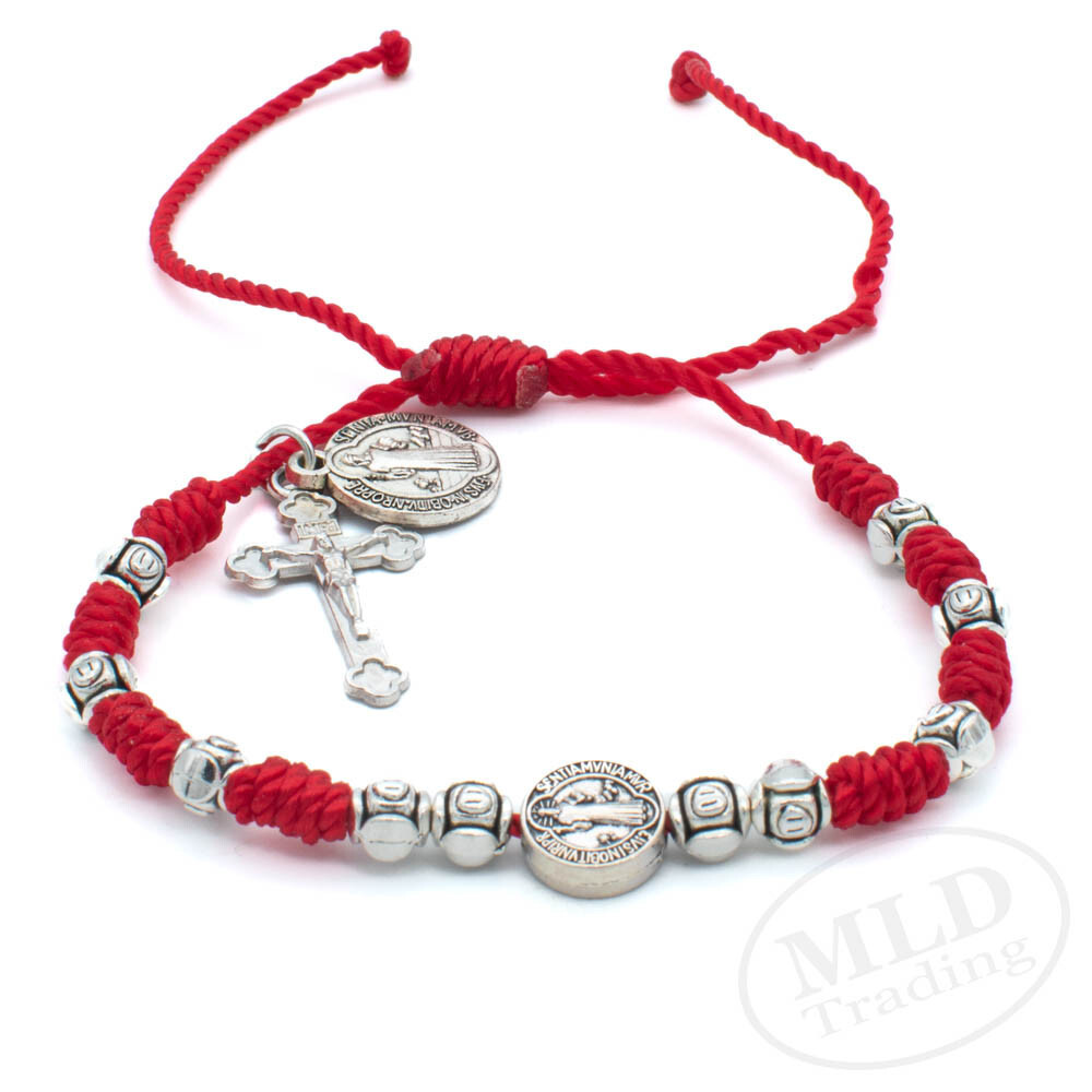 Adjustable Saint St Benedict Medal Red Cord Rosary Bracelet – Unisex