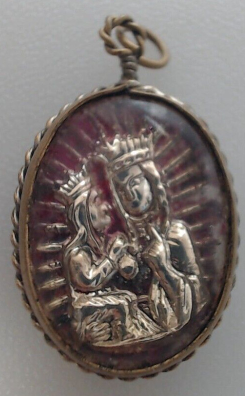 Vintage Catholic St Anne De Beaupre Pink Double Sided Bubble Mercury Glass Medal