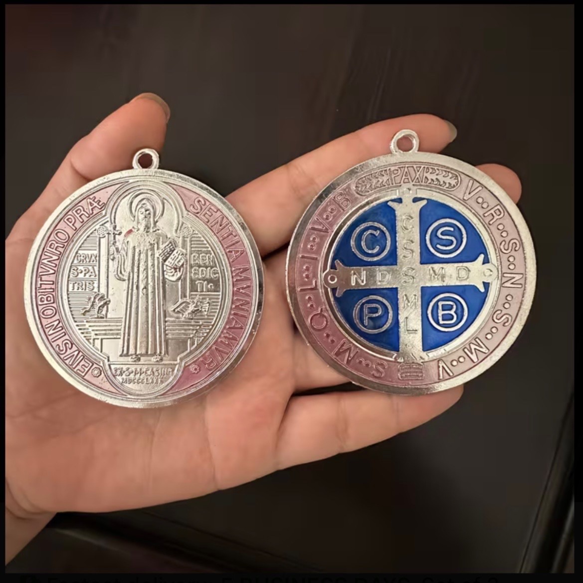 TWO (2) Large St BENEDICT Medals 3” Protection Blue Pink Medalla de San Benito