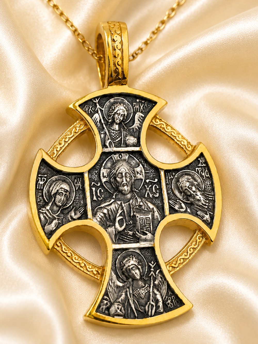 24kt Gold Plated Sterling Silver Diesis Archangels Icon Cross Pendant With Chain