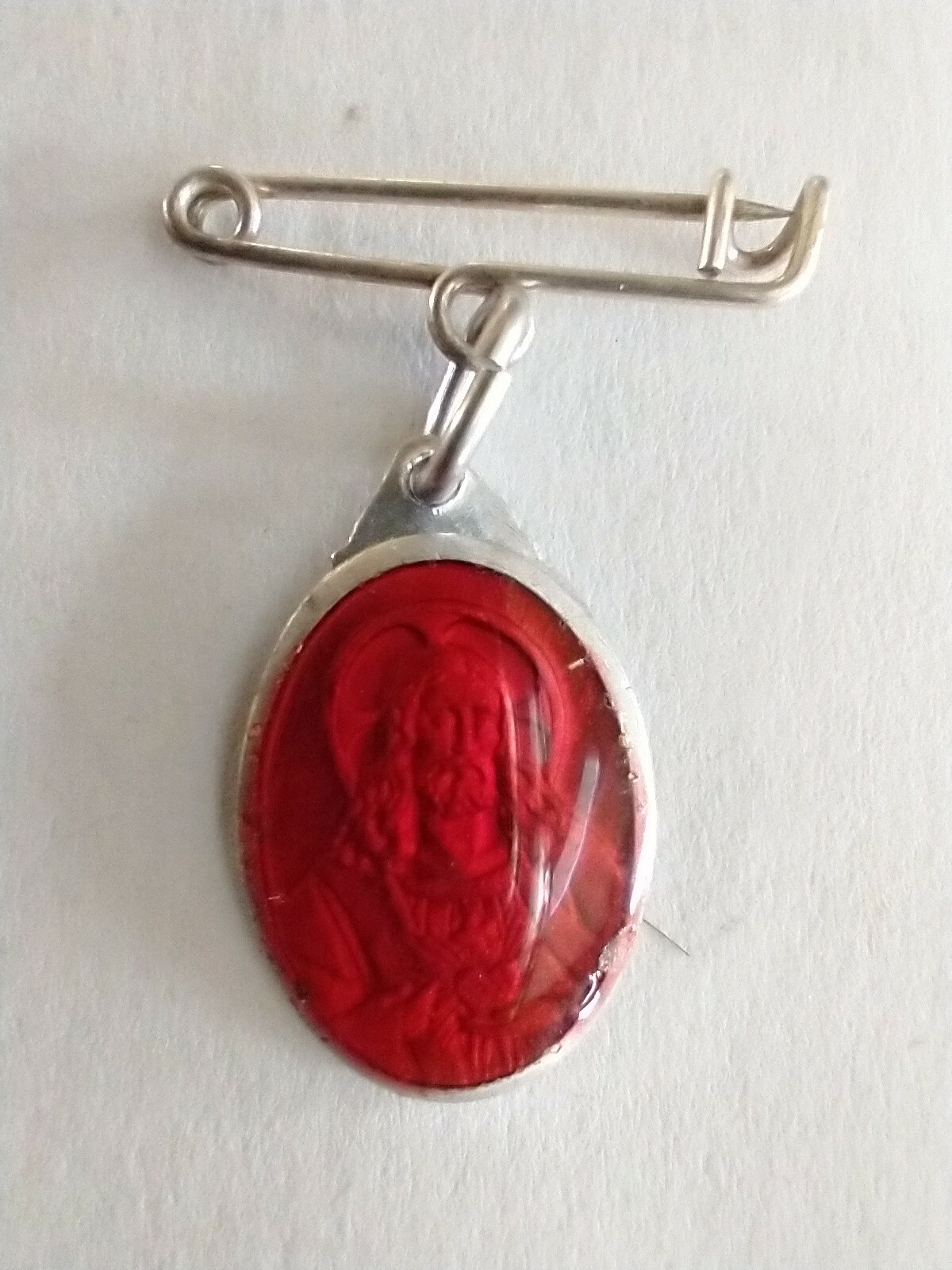 Vintage Catholic Red Enamel Sacred Heart of Jesus St Anne Religious Medal France