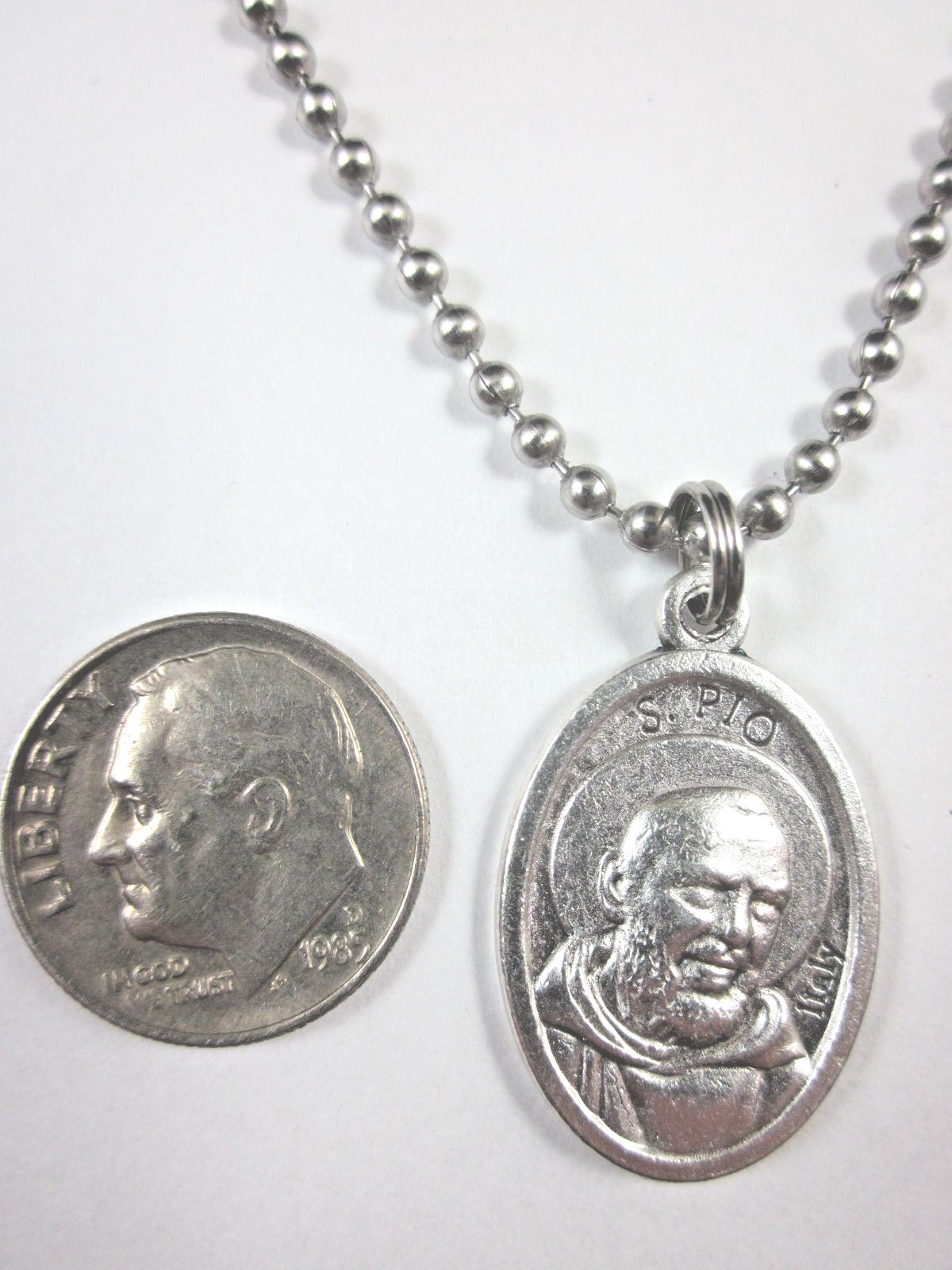 St Padre Pio Medal Italy Pendant Necklace 24″ Ball Chain Gift Box & Prayer Card