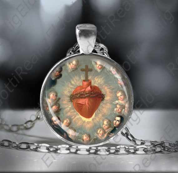 Our Lord Sacred Heart w Saints and Cheruns – Catholic Necklace Medal Pendant NEW