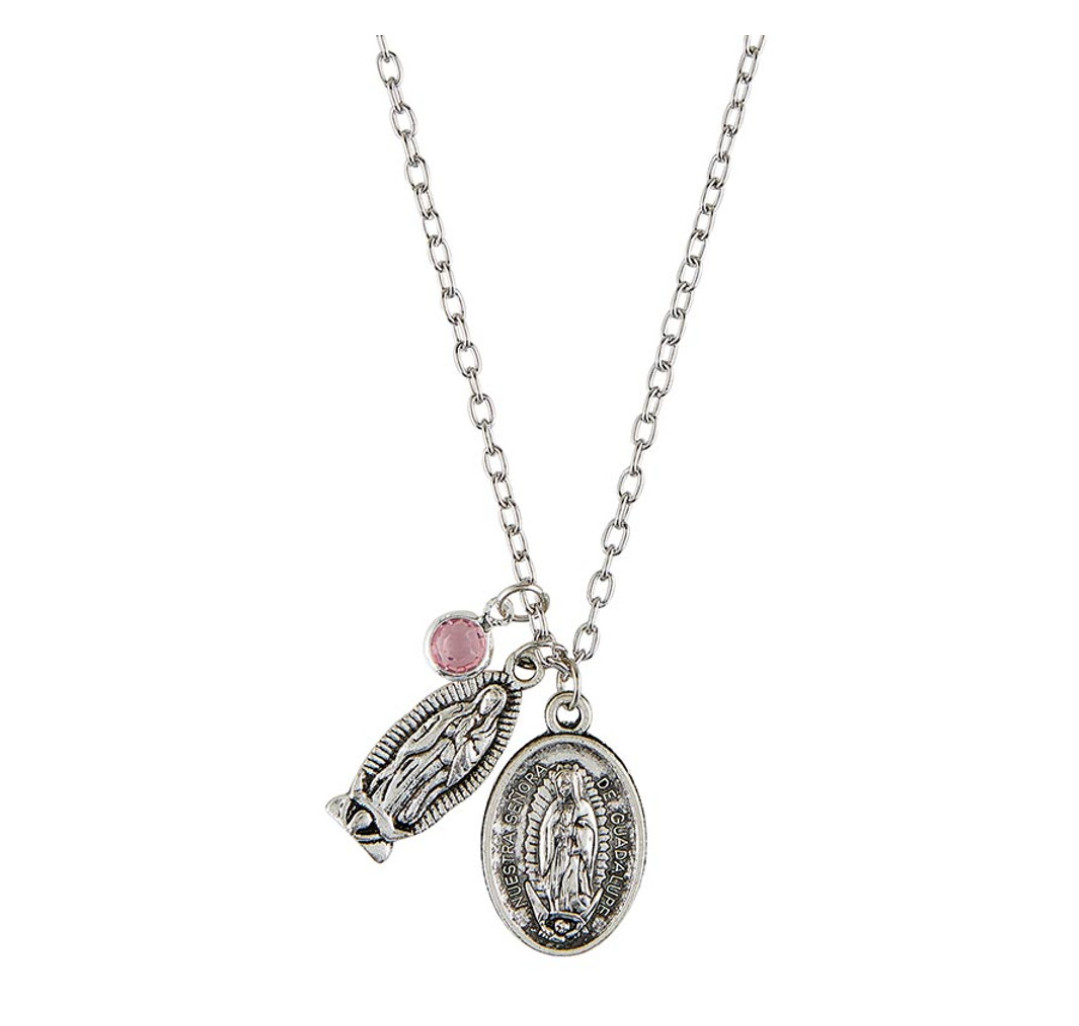 Our Lady of Guadalupe Devotional Medal & Pink Charm Pendant Necklace Catholic