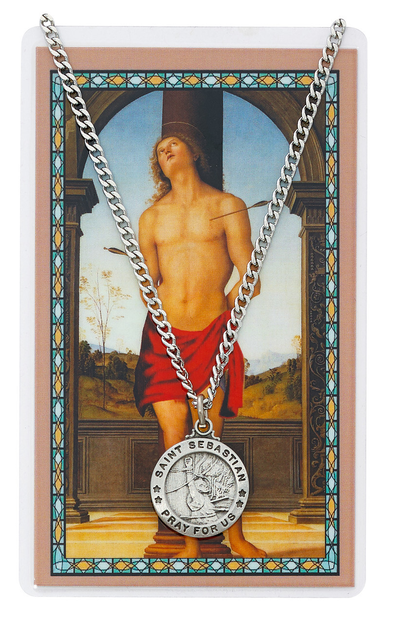 Saint Sebastian Pewter Medal Pendent 18 Inch Silvertone Chain Prayer Card Set