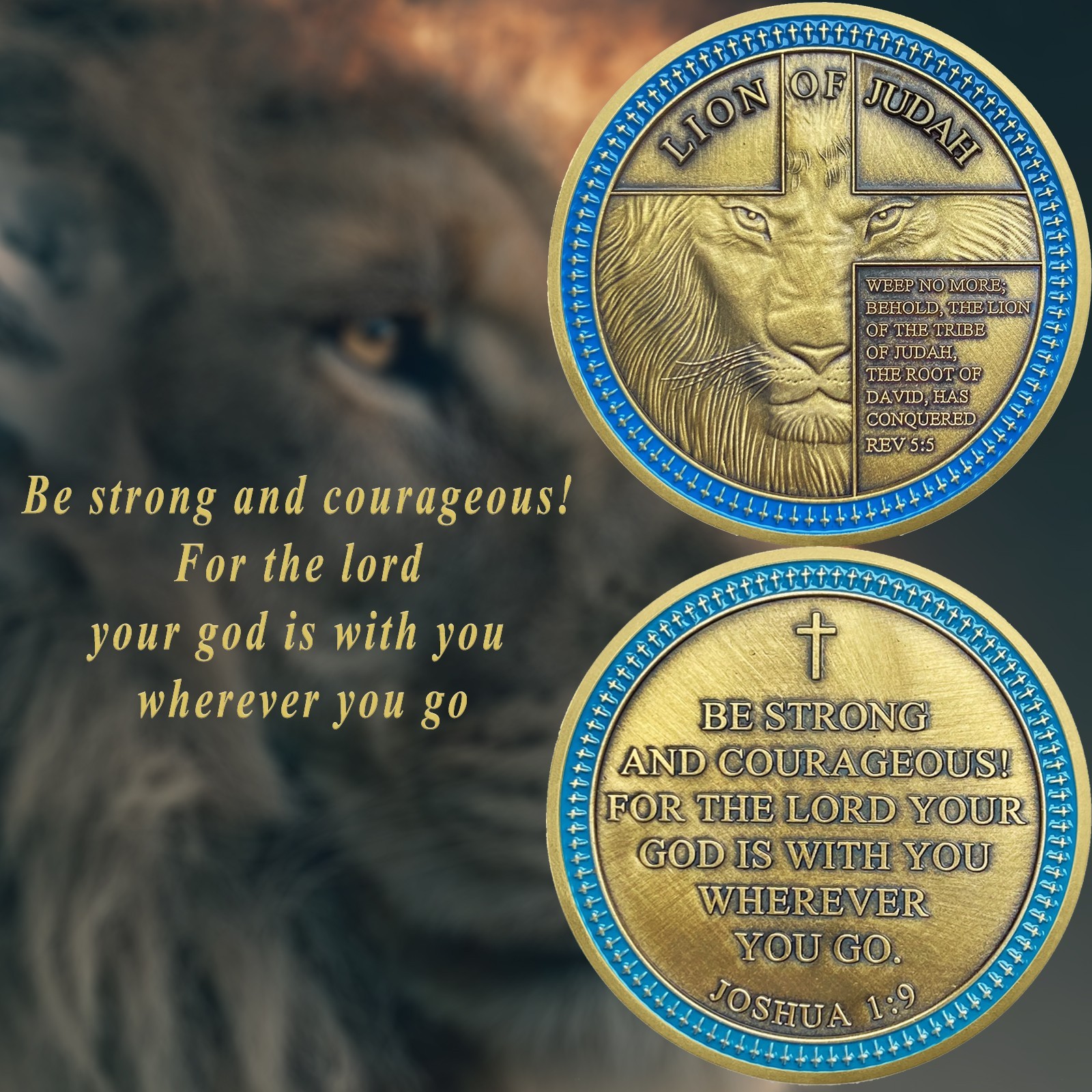 10Pcs Lion of Judah Challenge Coin Joshua 1:9 Verse Christian Inspirational Gift