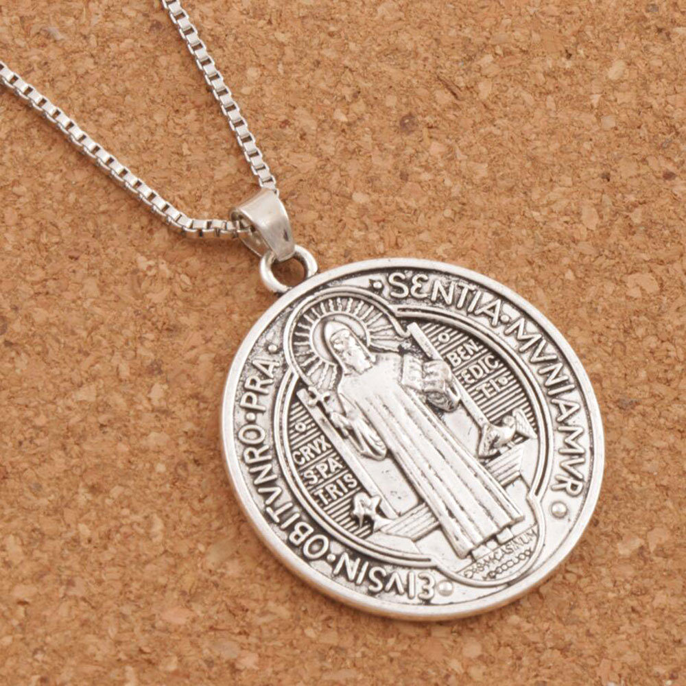 Saint St Benedict Of Nursia Cross Medal 1 1/4″ Pendant Necklace 24″ Box Chain