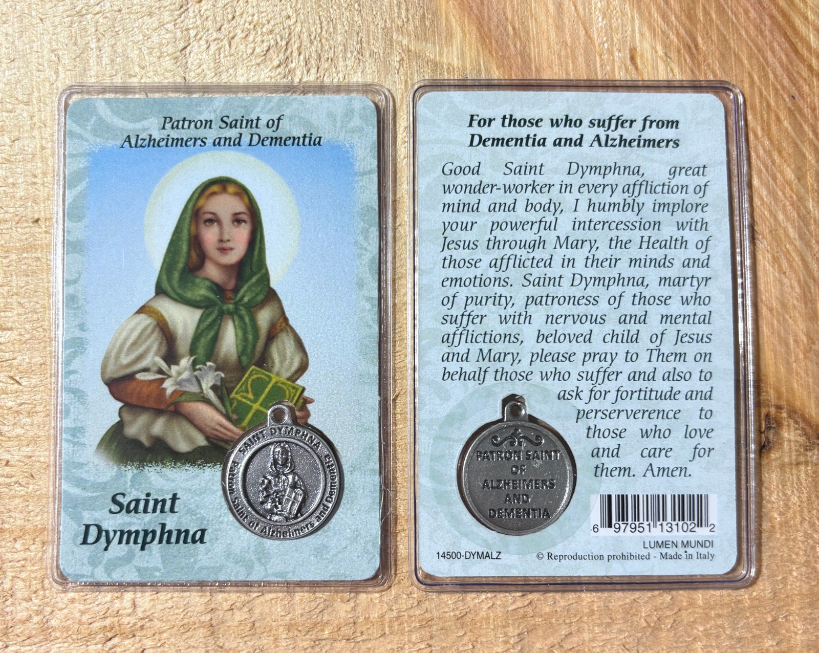 St. Dymphna Prayer Card w Medal Patron of Dementia Alzheimers