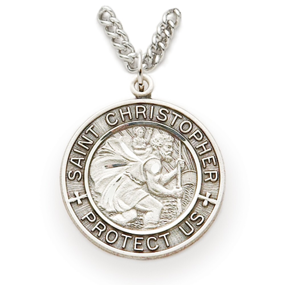 Large Antiqued Sterling Silver Saint Christopher Medal Vintage Style Necklace