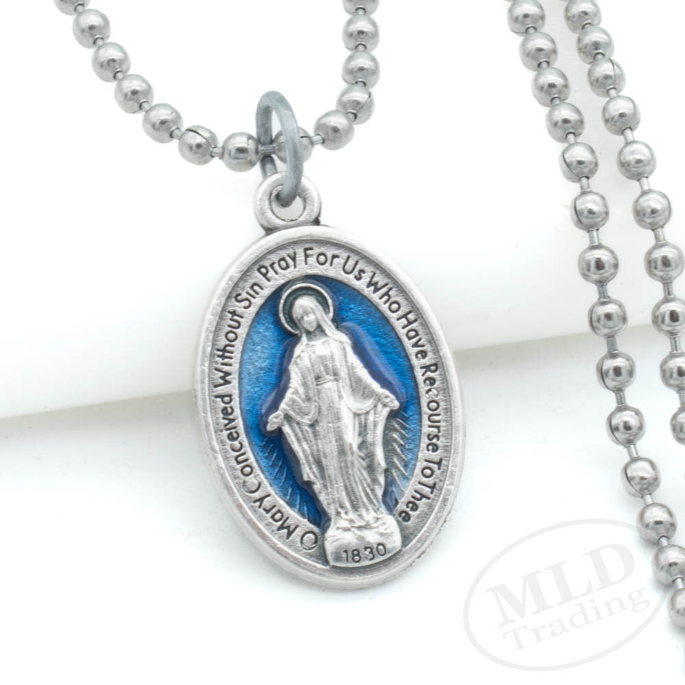 Blue Miraculous Medal Virgin Mary 1″ Pendant Necklace Italy w 24″ Ball Chain