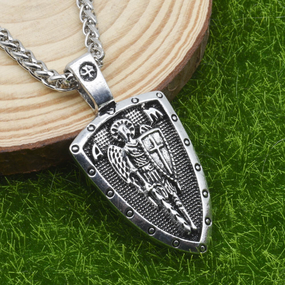 Archangel Saint St Michael Medal Cross Shield Pendant Necklace w 24″ Spiga Chain