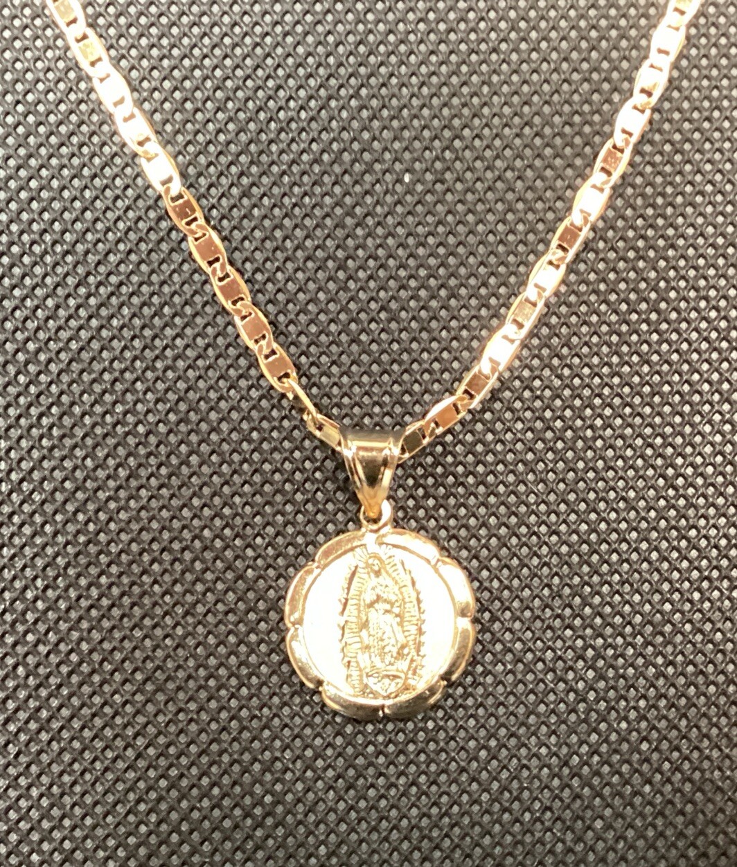 14K Gold Plated Medal And Chain Of Guadalupe And Divine Mercy 3D. Necklace