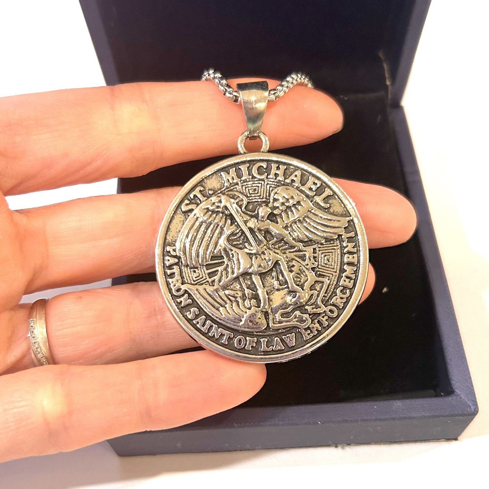 Stainless Steel Patron Saint St Michael Archangel Angel Medal Pendant Necklace