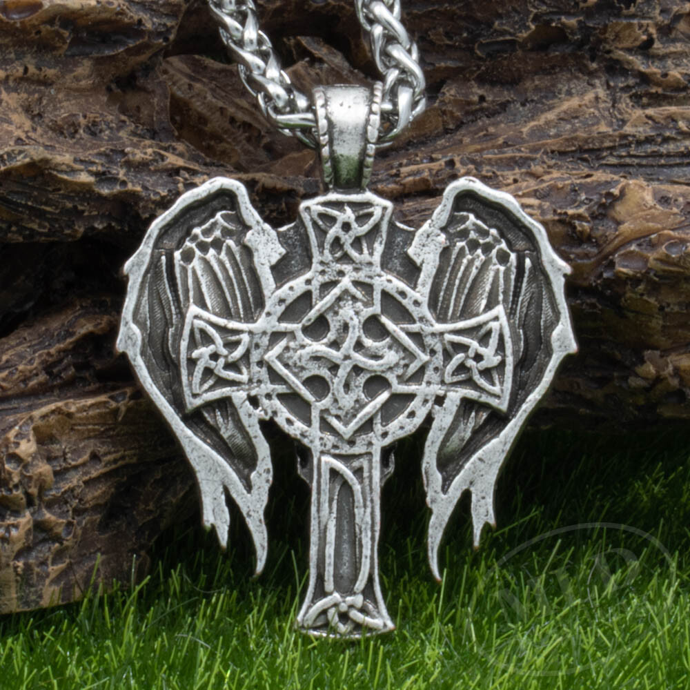 Saint St Michael Archangel Wings Cross Pendant Necklace & Stainless Steel Chain