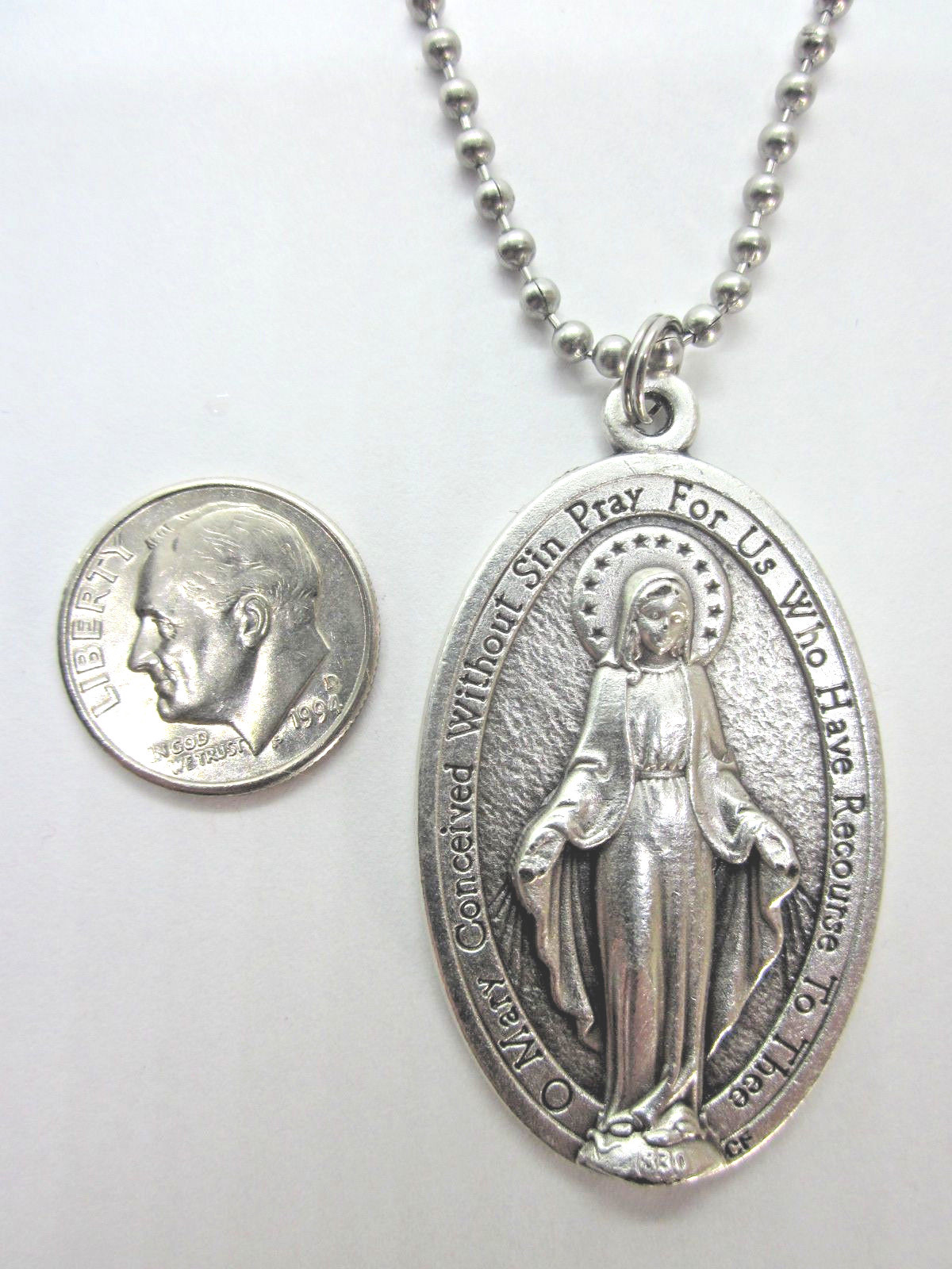 XL English Miraculous Medal 1 3/4″ Italy Pendant Necklace 24″ Ball Chain