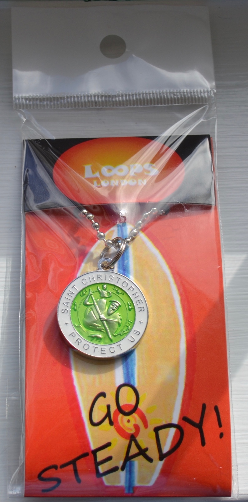 St. Christopher “Surfing” Medal w/ 33″ Chain. 25mm medal. Green w/ White Trim