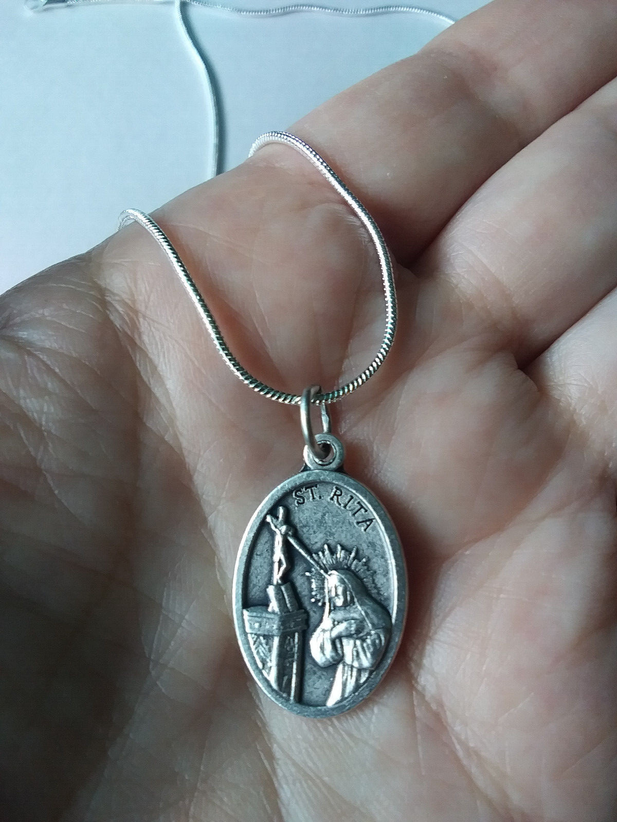 Italian Saint Rita medal necklace Italy 925 sterling silver chain + prayer card
