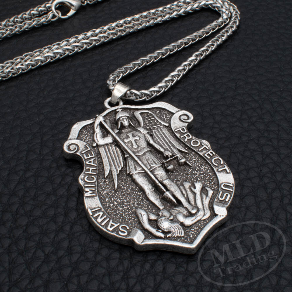 Saint St Michael Medal Shield Pendant Necklace – Zinc Alloy, 22″ Wheat Chain