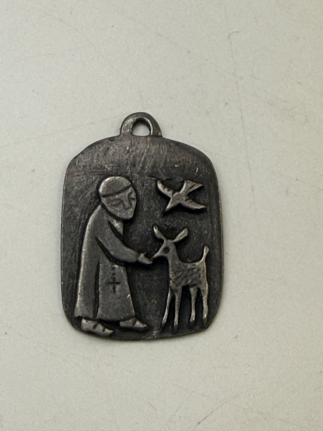 Saint Francis of Assisi Religious Medal Pendant Pewter Brutalist Style 1 Inch