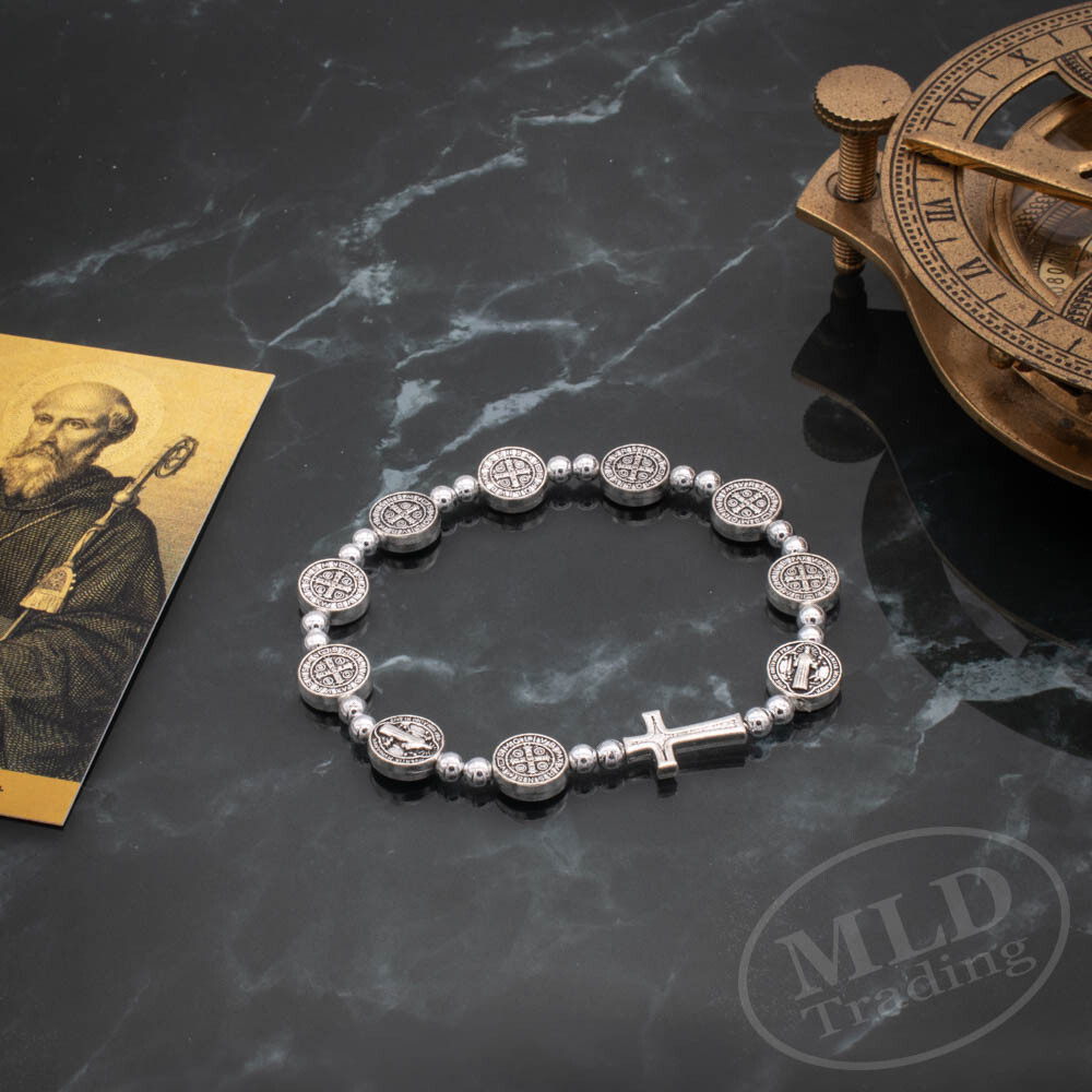 Silver Saint St Benedict Medal Cross Rosary Bracelet Pulsera De San Benito