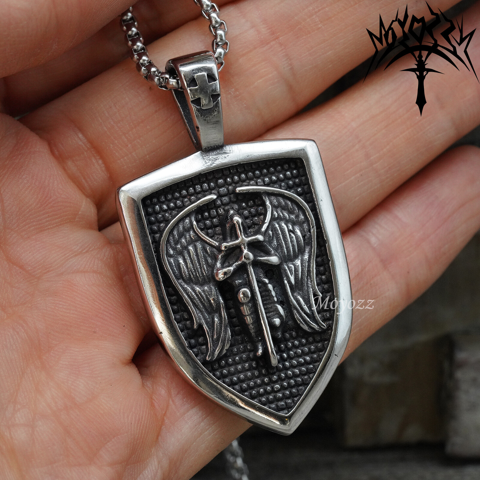 Archangel Saint St Michael Medal Shield Pendant Necklace Stainless Steel Chain