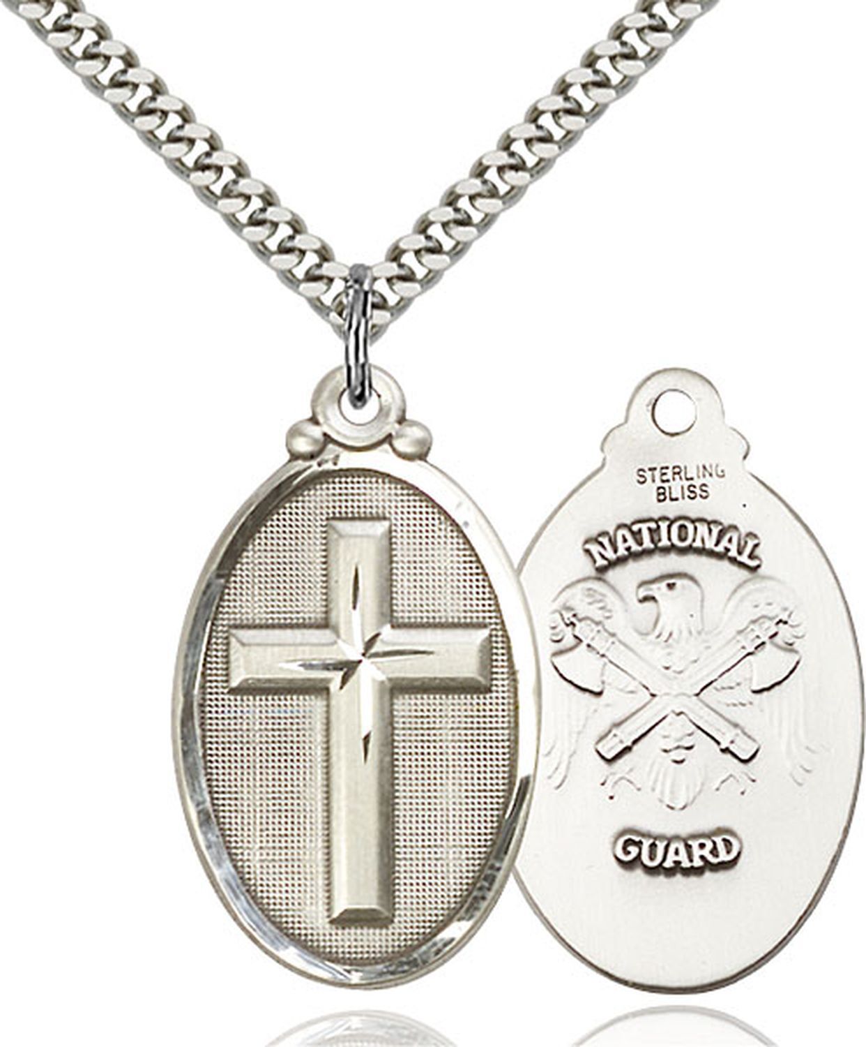 Sterling Silver Christian Cross National Guard Pendant Medal Necklace 18″ Chain