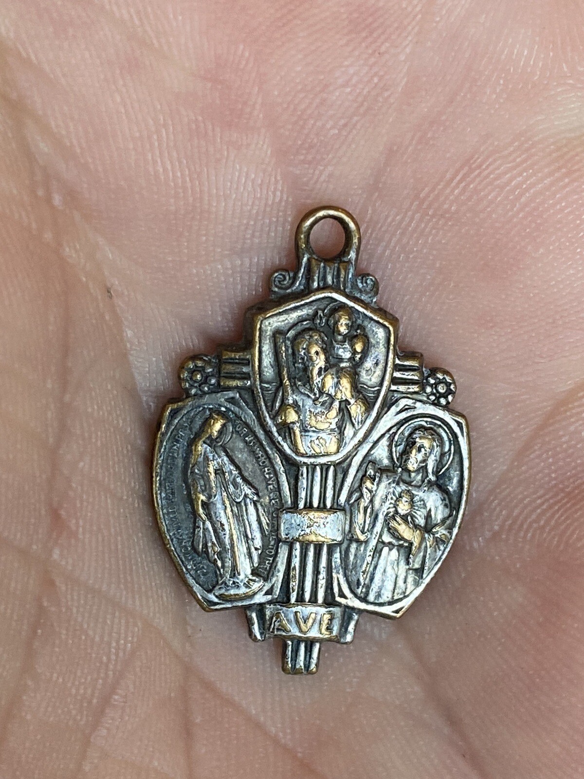 Vtg St Christopher Medal Protect Us Mary Jesus AVE Cross Pendant Charm 25mmx17mm