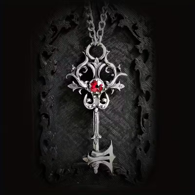 Axe Red Jewel Key Necklace Steampunk Gothic Goth Retro Pendant