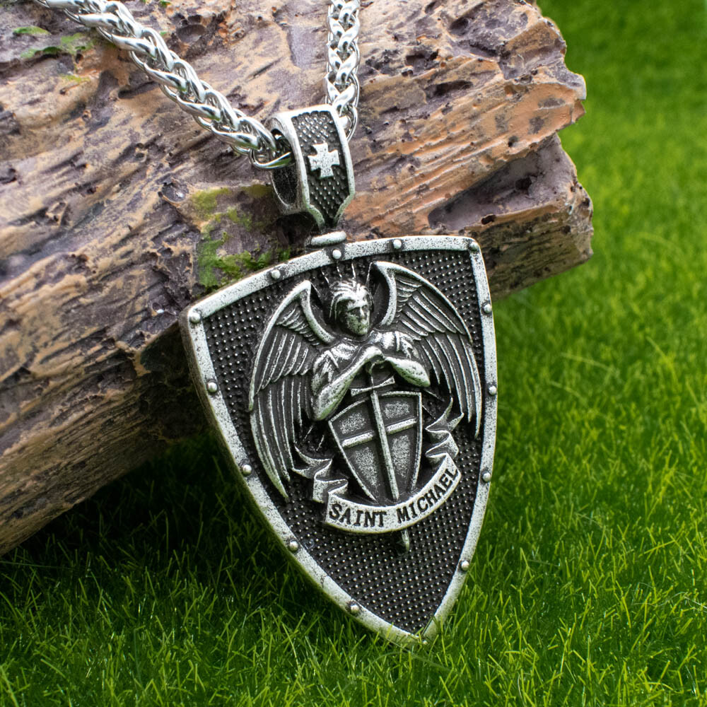 Archangel Saint St Michael Medal Shield and Sword Pendant Necklace w 24″ Chain