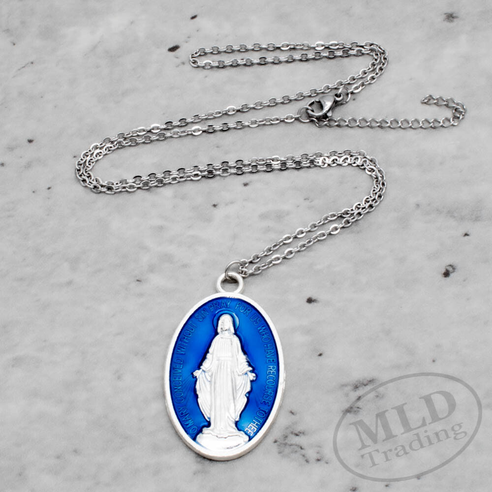 Stainless Steel Virgin Mary 1.6in Blue Miraculous Medal Pendant Necklace Womens