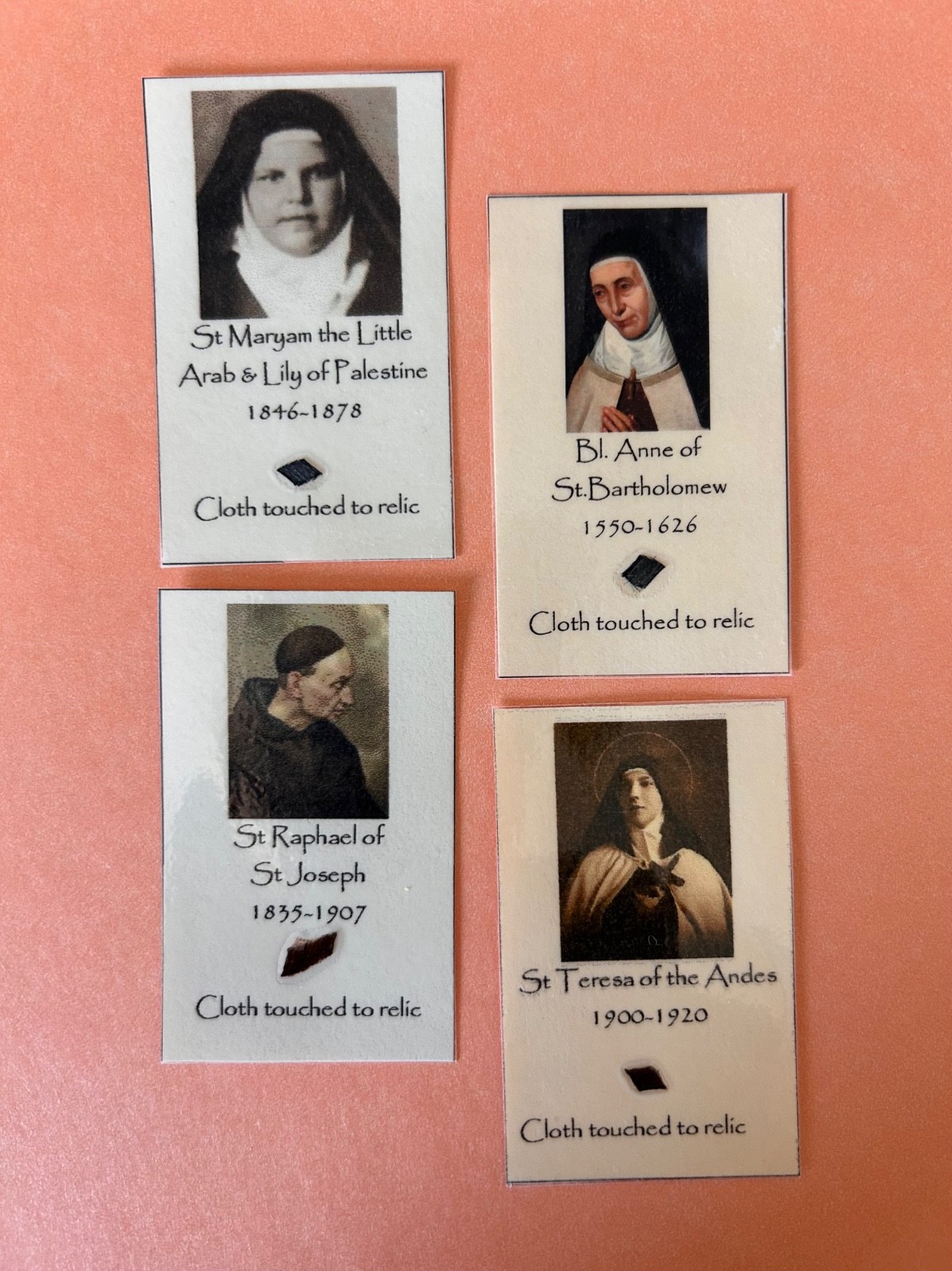 Catholic Carmelite Saints homemade relic Holy card St Teresa Maryam Raphael Anne