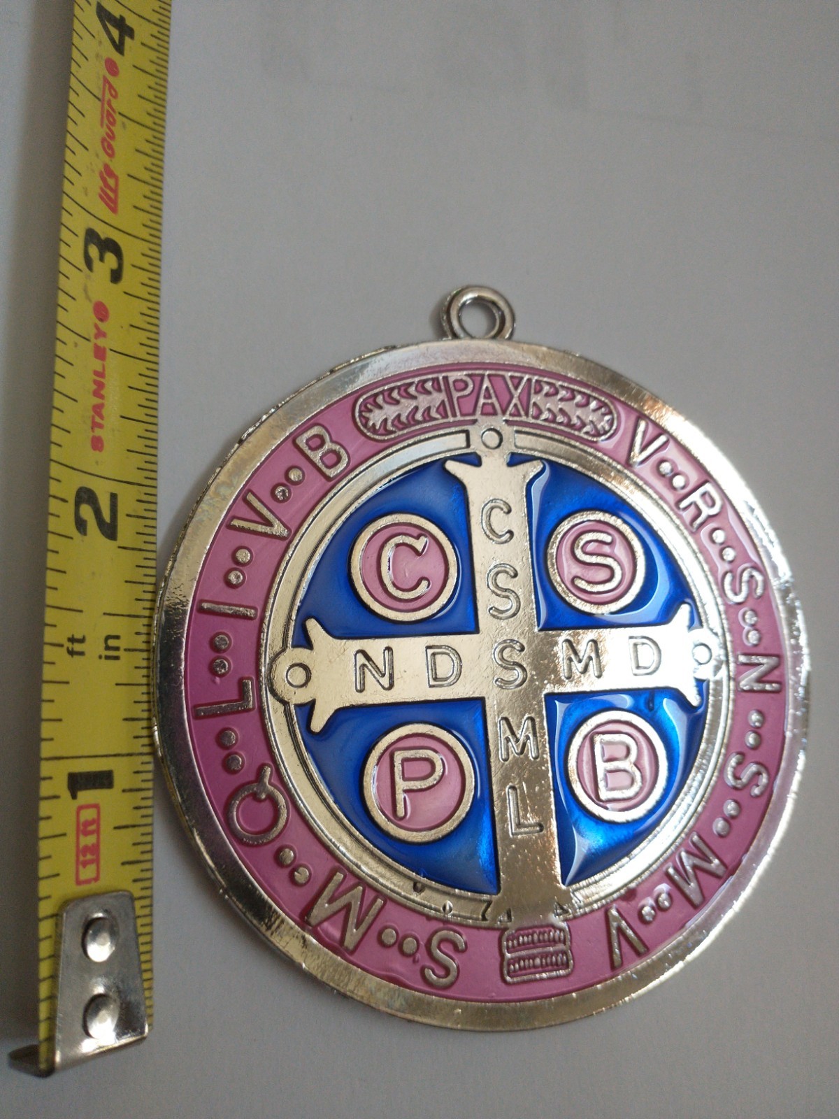 Catholic St Benedict XXL Very Large Medal Pink And Blue Color